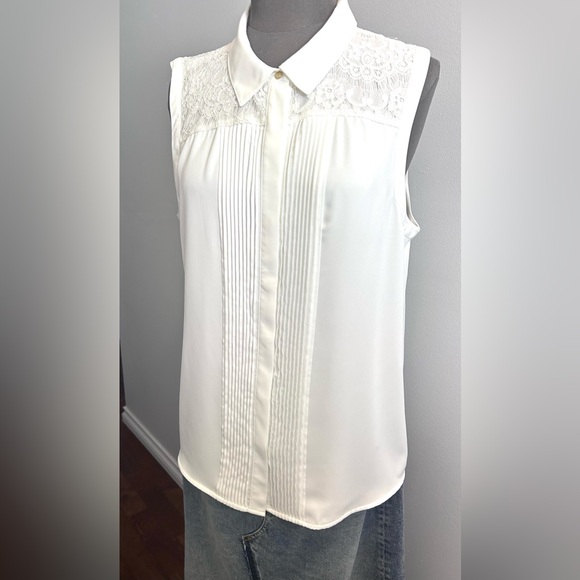 Karl Lagerfeld Tops - Karl Lagerfeld White Button Up Lace Detail Ruffle Blouse Top